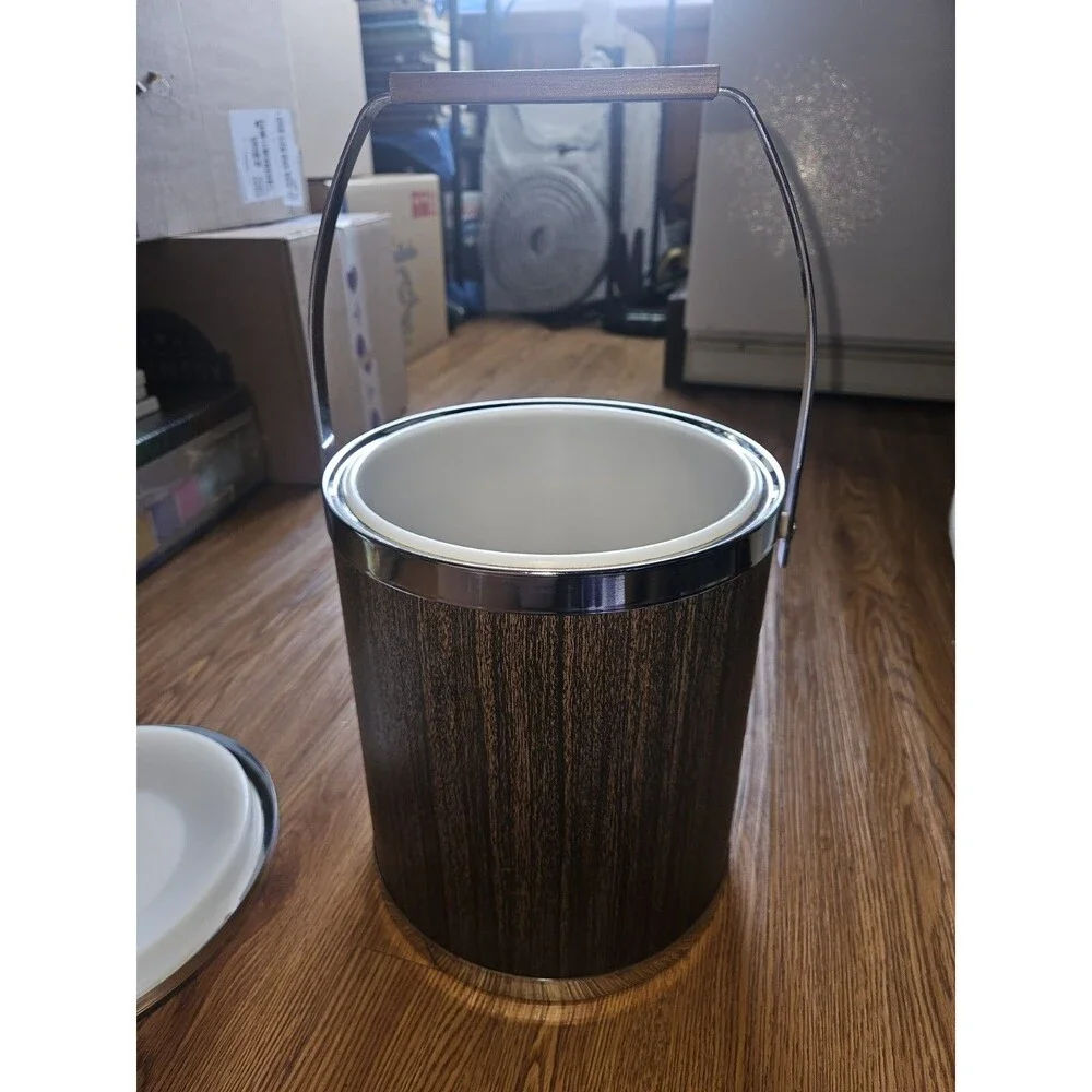 Vintage Kromex Faux Wood Grain Chrome Insulated Ice Bucket 11